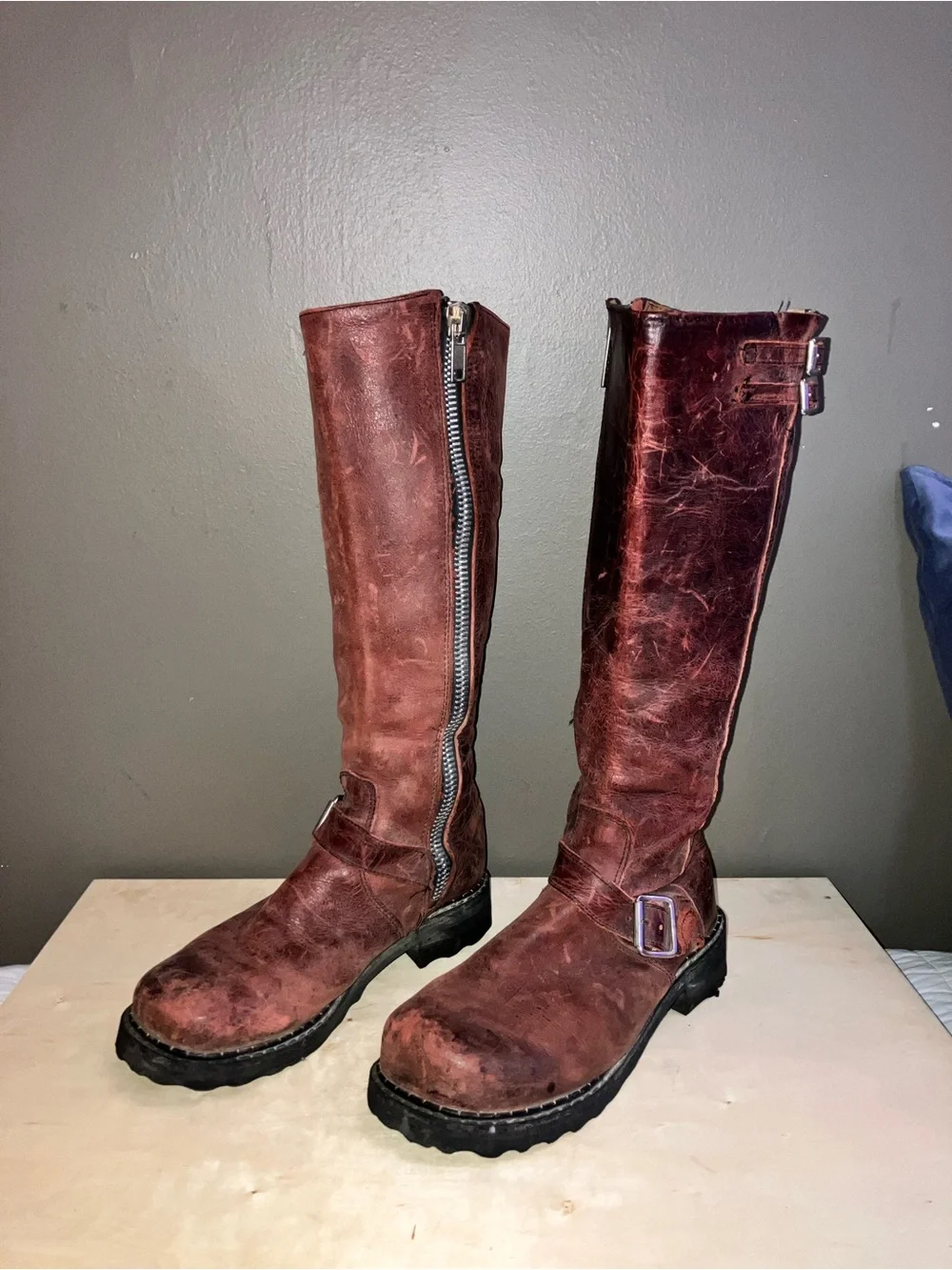 John Fluevog Bond Girl Tall Buckle Boots — Wine